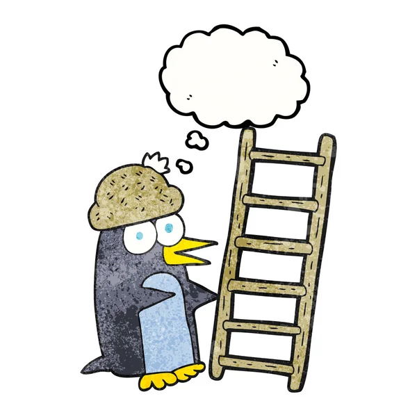 Dacht dat bubble getextureerde cartoon pinguïn met ladder — Stockvector