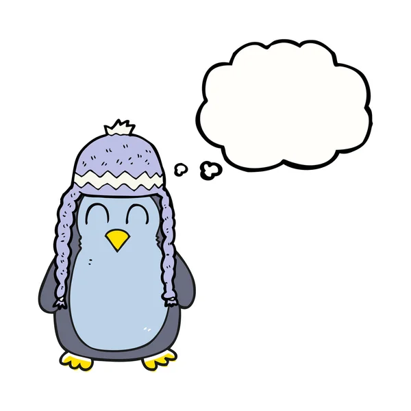 Σκέψη φούσκα γελοιογραφία πιγκουίνος φοράει καπέλο — Διανυσματικό Αρχείο