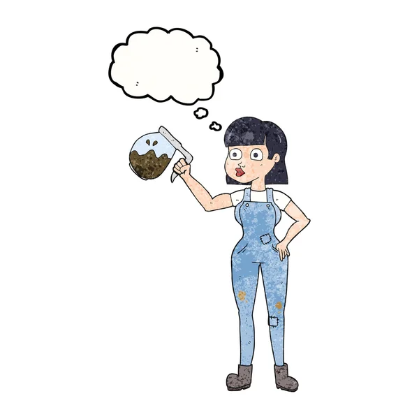 Gedankenblase texturierte Cartoon-Frau in Latzhose mit Kaffee — Stockvektor