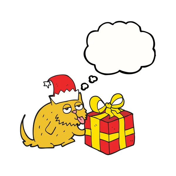 Thought bubble cartoon cat with present — Stock Vector