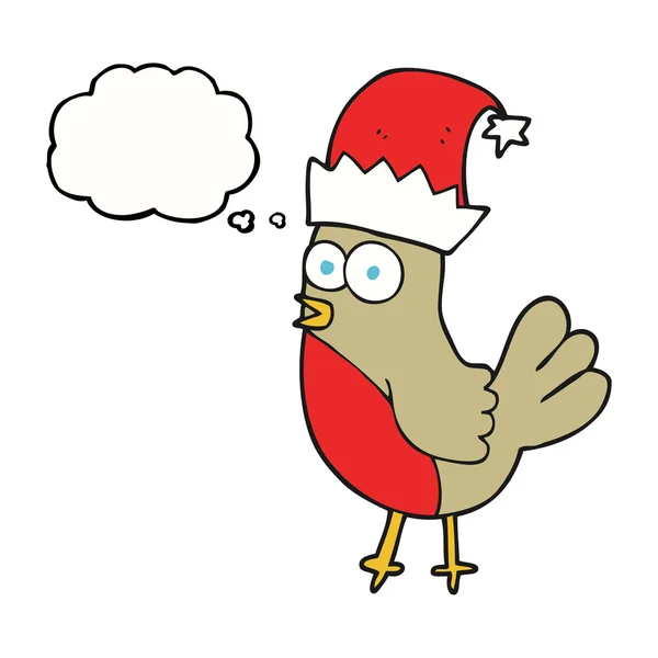 Pensamento bolha desenho animado robin no chapéu de Natal — Vetor de Stock