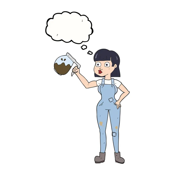 Gedankenblase Cartoon Frau in Latzhose mit Kaffee — Stockvektor