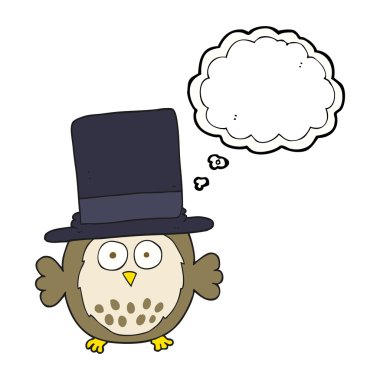 Silindir şapka giyen düşünce kabarcık karikatür baykuş