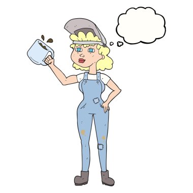 kabarcık karikatür kadın kaba pamuklu tulum içinde düşündüm