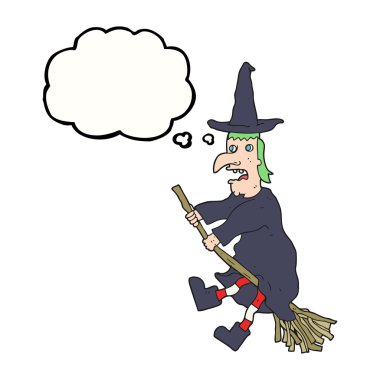 kabarcık karikatür cadı uçan süpürge üzerinde düşündüm