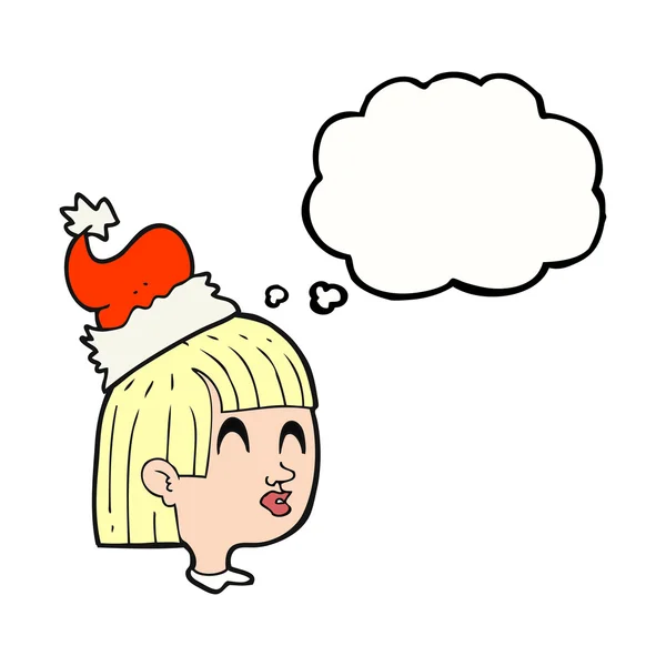 Pensamiento chica de dibujos animados burbuja usando sombrero de santa — Vector de stock