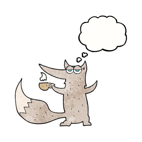 Dacht dat bubble getextureerde cartoon wolf met koffiekopje — Stockvector