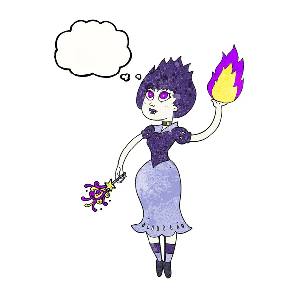 Pensée bulle texturé dessin animé vampire fille casting boule de feu — Image vectorielle