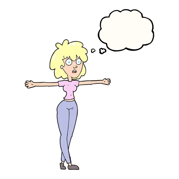 Pensée bulle dessin animé femme écarter les bras — Image vectorielle