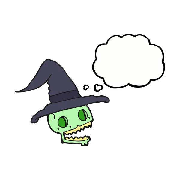 Thought bubble cartoon skull wearing witch hat — Stock Vector