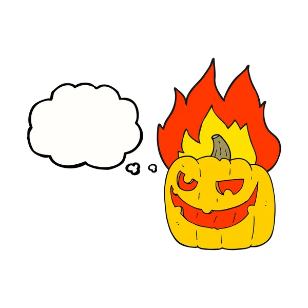 Thought bubble cartoon flaming halloween pumpkin — Stock Vector