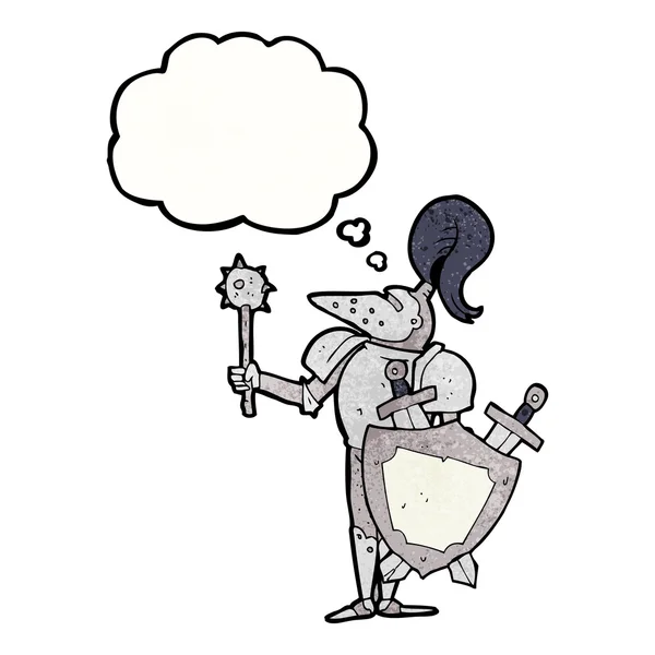 Gedankenblase texturierte Karikatur mittelalterlicher Ritter mit Schild — Stockvektor