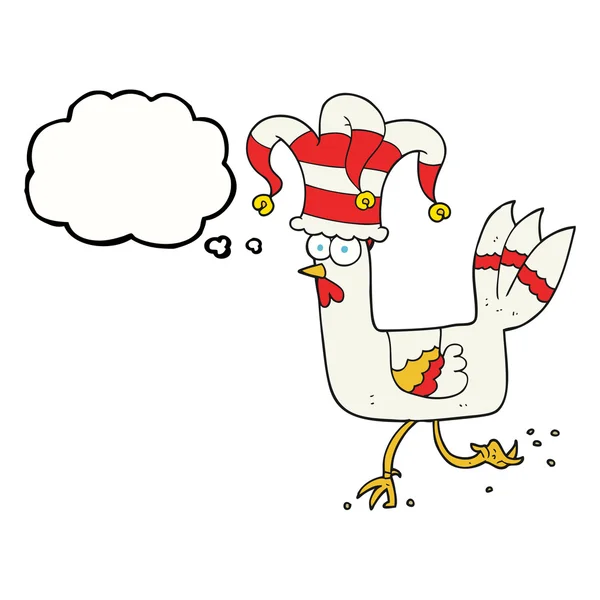 Thought bubble cartoon chicken running in funny hat — Stock Vector