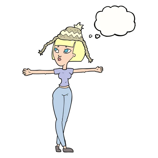 Trodde bubble cartoon kvinna bära hatt — Stock vektor