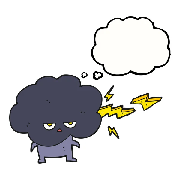 Pensamiento burbuja de dibujos animados raincloud carácter disparos relámpago — Vector de stock