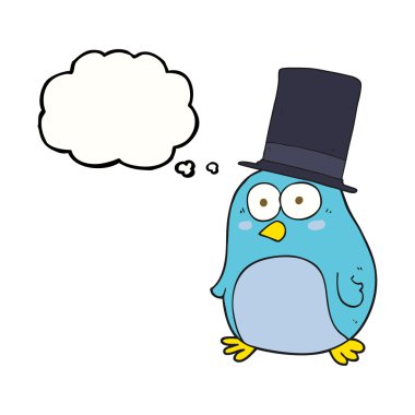 Silindir şapka giyen düşünce kabarcık karikatür kuş