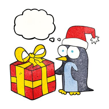 düşünce bubble dokulu karikatür Noel penguen ile hediye
