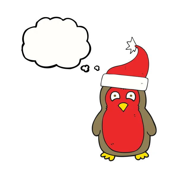 Pensamiento burbuja de dibujos animados navidad robin con sombrero de santa — Vector de stock