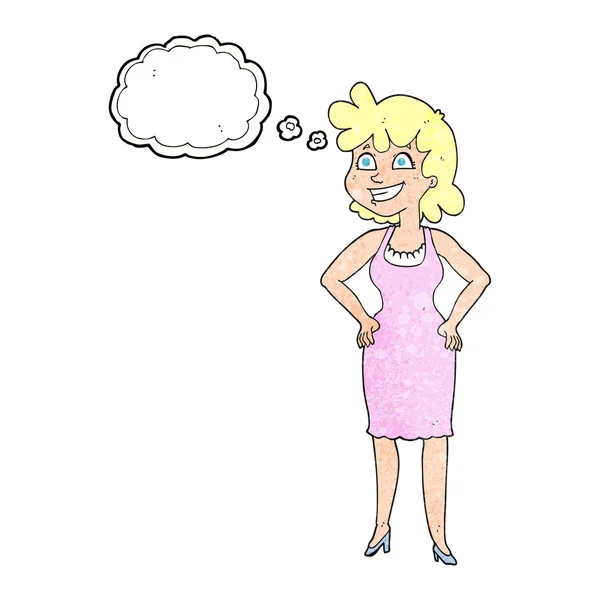 Pensiero bolla strutturato cartone animato felice donna indossa vestito — Vettoriale Stock