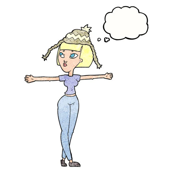 Trodde bubble texturerat cartoon kvinna bära hatt — Stock vektor