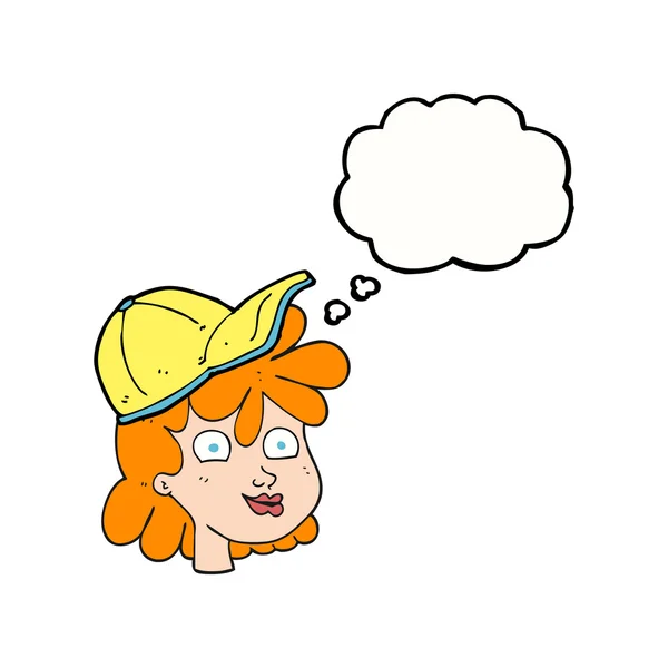 Thought bubble cartoon female face wearing cap — Stock Vector