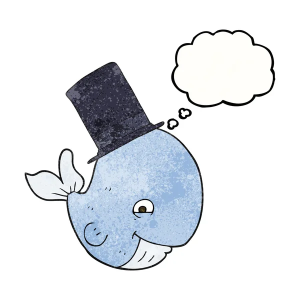 Pensée bulle texturé dessin animé baleine dans chapeau haut de forme — Image vectorielle