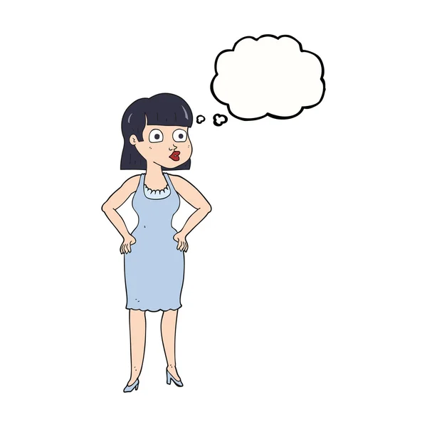 Pensée bulle dessin animé femme avec les mains sur les hanches — Image vectorielle