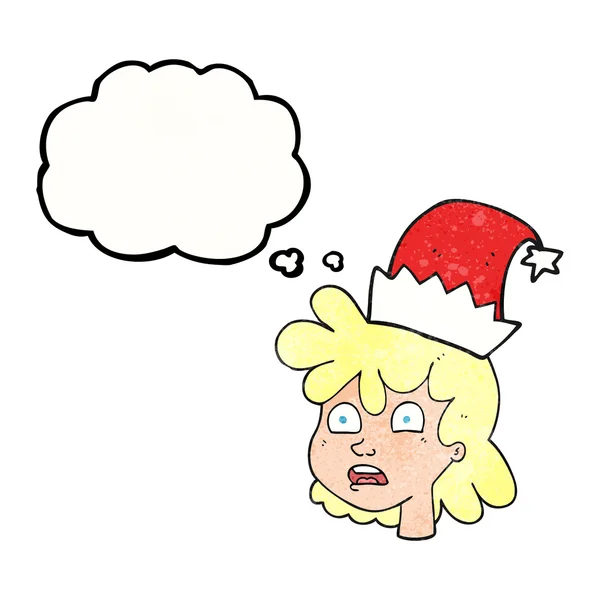 Pensamiento burbuja textura dibujos animados mujer con sombrero de Navidad — Vector de stock
