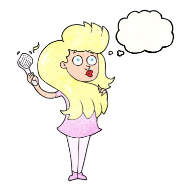 düşünce balonu dokulu karikatür kadın saç fırçalama