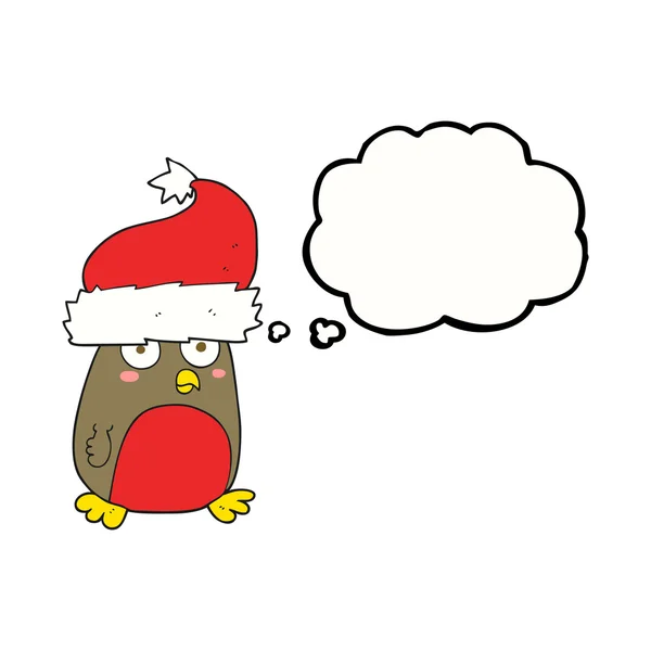 Tankebubbla karikatyr jul robin bär santa hatt — Stock vektor