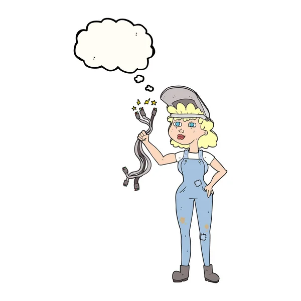 Pensamento bolha cartoon eletricista mulher — Vetor de Stock