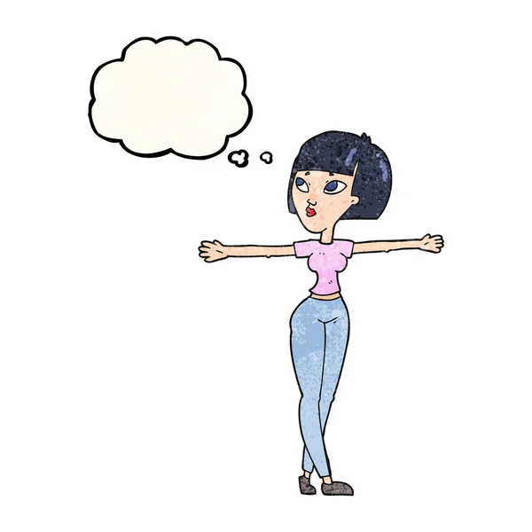 Gedankenblase texturierte Karikatur Frau breitet Arme aus — Stockvektor