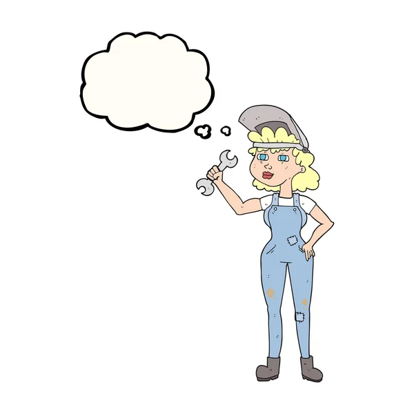 Gedankenblase Cartoon Frau mit Schraubenschlüssel — Stockvektor