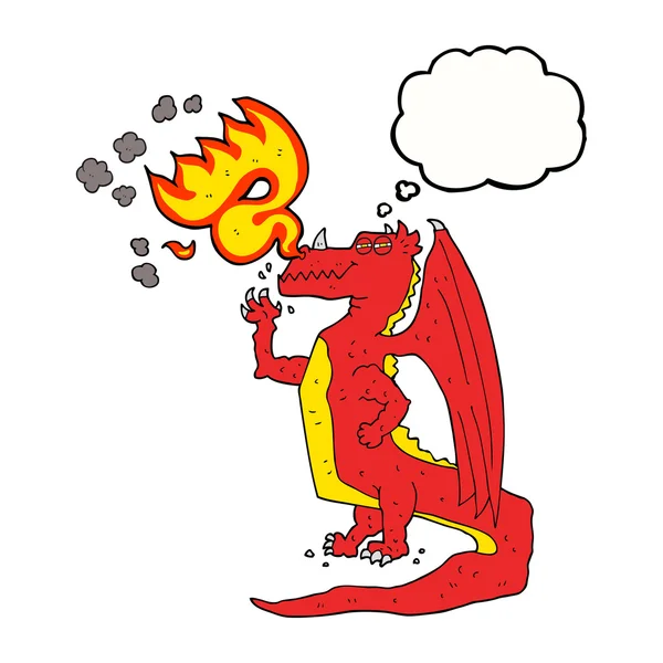 Pensée bulle dessin animé heureux dragon respiration feu — Image vectorielle