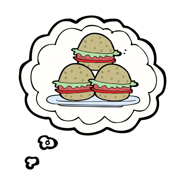 Pensamiento burbuja caricatura plato de hamburguesas — Vector de stock