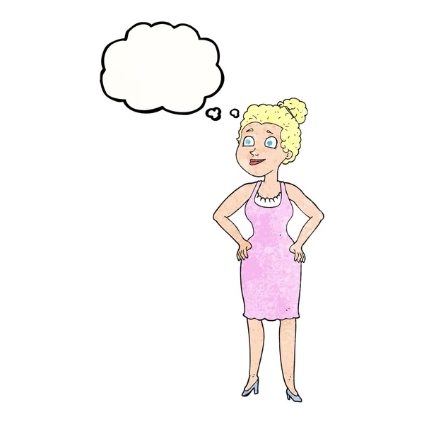 Pensiero bolla strutturato cartone animato donna indossa vestito — Vettoriale Stock