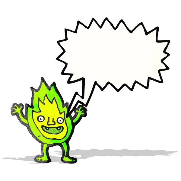 Cartoon green fire creature with speech bubble — Stock Vector