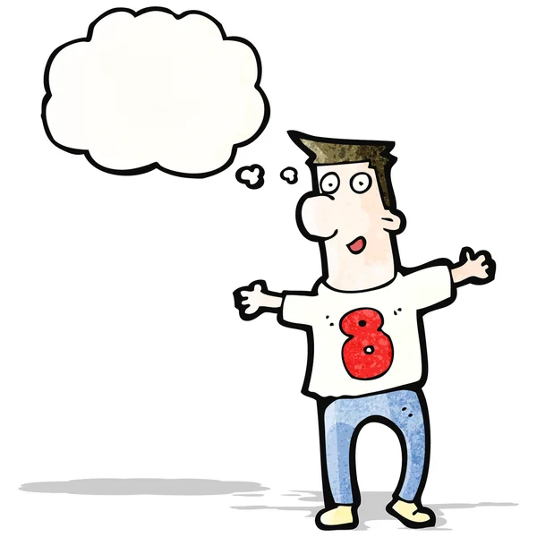 Uomo cartone animato con bolla di pensiero indossando camicia numerata — Vettoriale Stock
