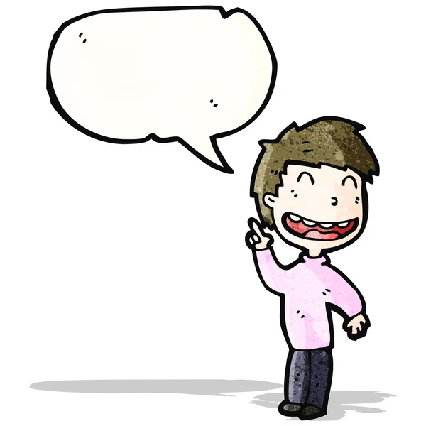 Cartoon grijnzende jongen met spraakbel — Stockvector