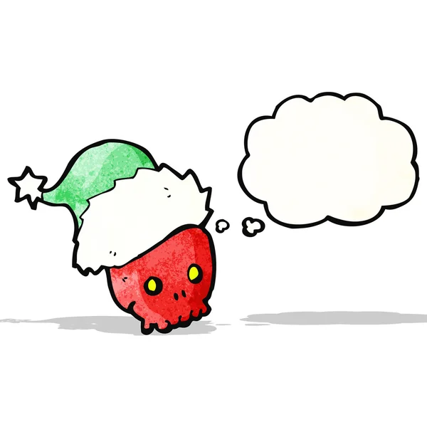 Kreslený lebka v vánoční čepice s myšlenkou bublina — Stockový vektor