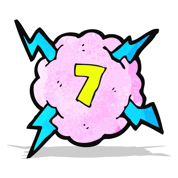 Desenhos animados relâmpago tempestade nuvem símbolo com número sete — Vetor de Stock