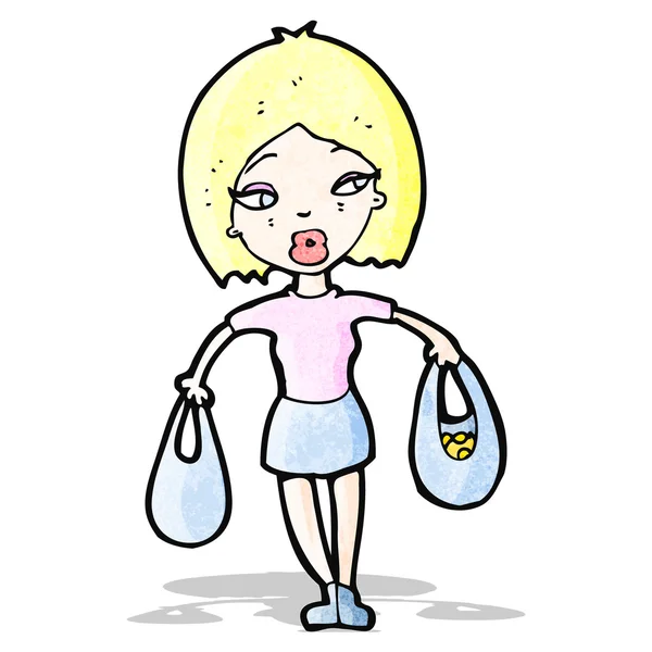 Dessin animé femme avec sacs à provisions — Image vectorielle