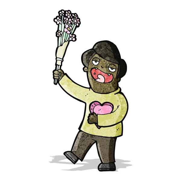 Hombre romántico de dibujos animados con flores — Vector de stock