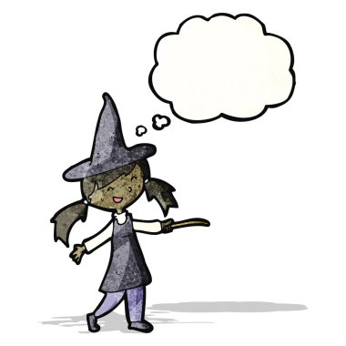 Cadı kız düşünce balonu ile karikatür
