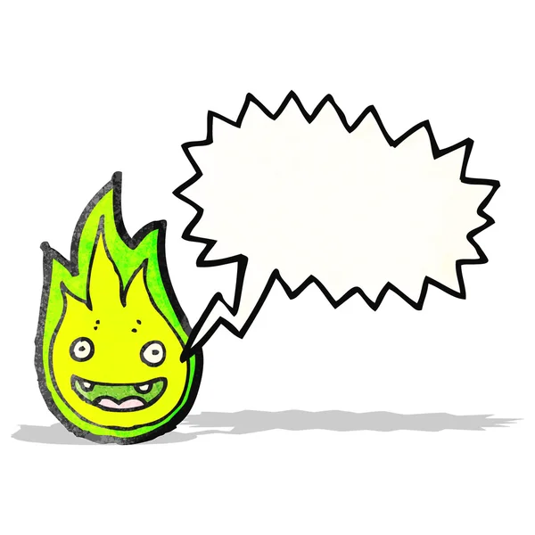 Cartoon green fire creature with speech bubble — Stock Vector