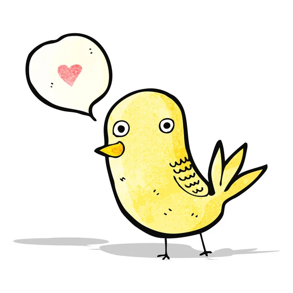 Lindo pájaro de dibujos animados con corazón de amor y burbuja de habla — Vector de stock