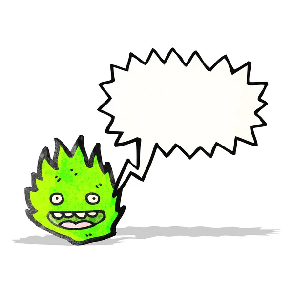Dibujos animados criatura fuego verde con burbuja de habla — Vector de stock