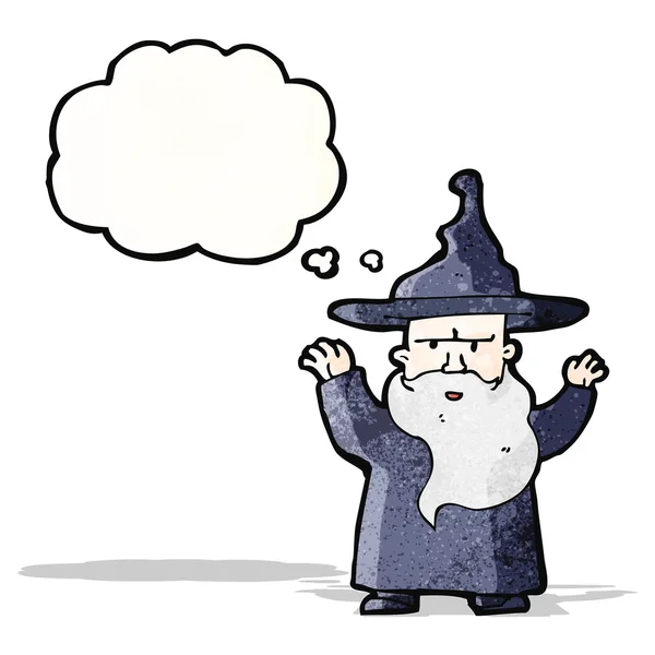 Cartoon wizard with thought bubble — Stock Vector