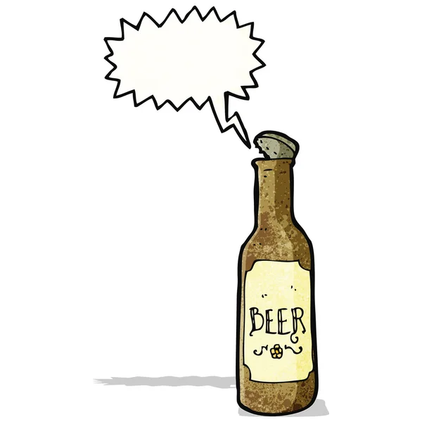 Botella de cerveza de dibujos animados con burbuja de habla — Vector de stock