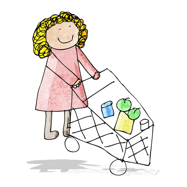 Cartoon moeder duwen trolley koffer — Stockvector